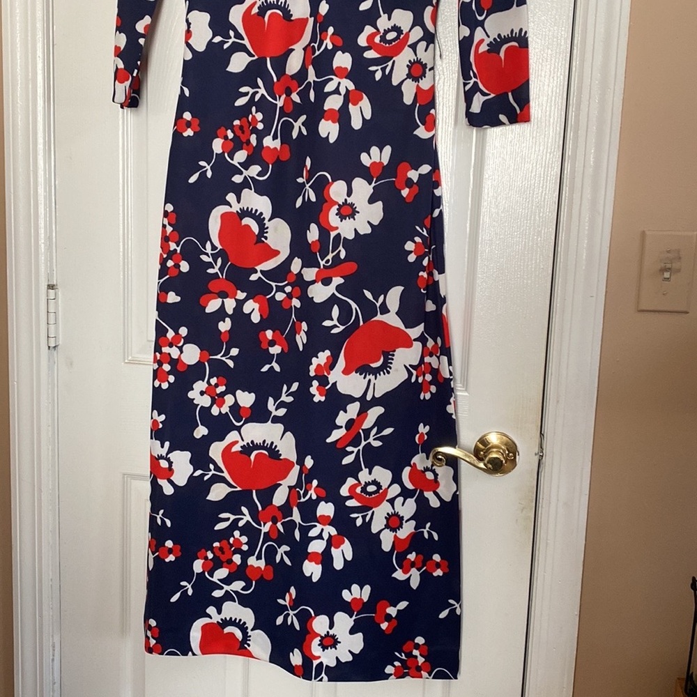 VTG 60’s Red White Navy Blue Floral Print Hawaiian Maxi Dress - Picture 3 of 16